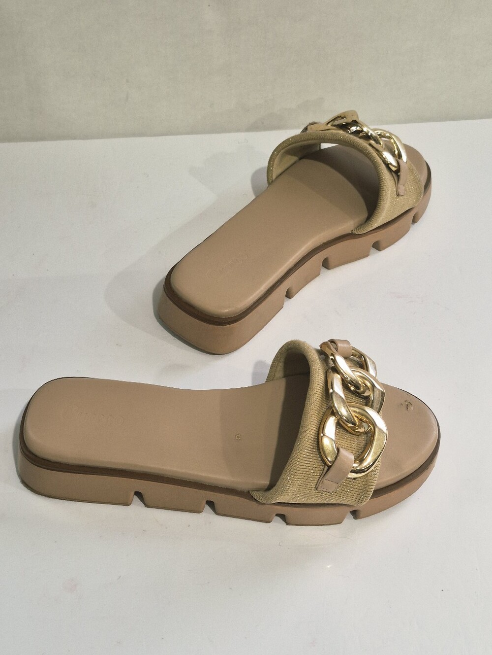 Gold Chain Tan Slide Sandals - Women Size 11